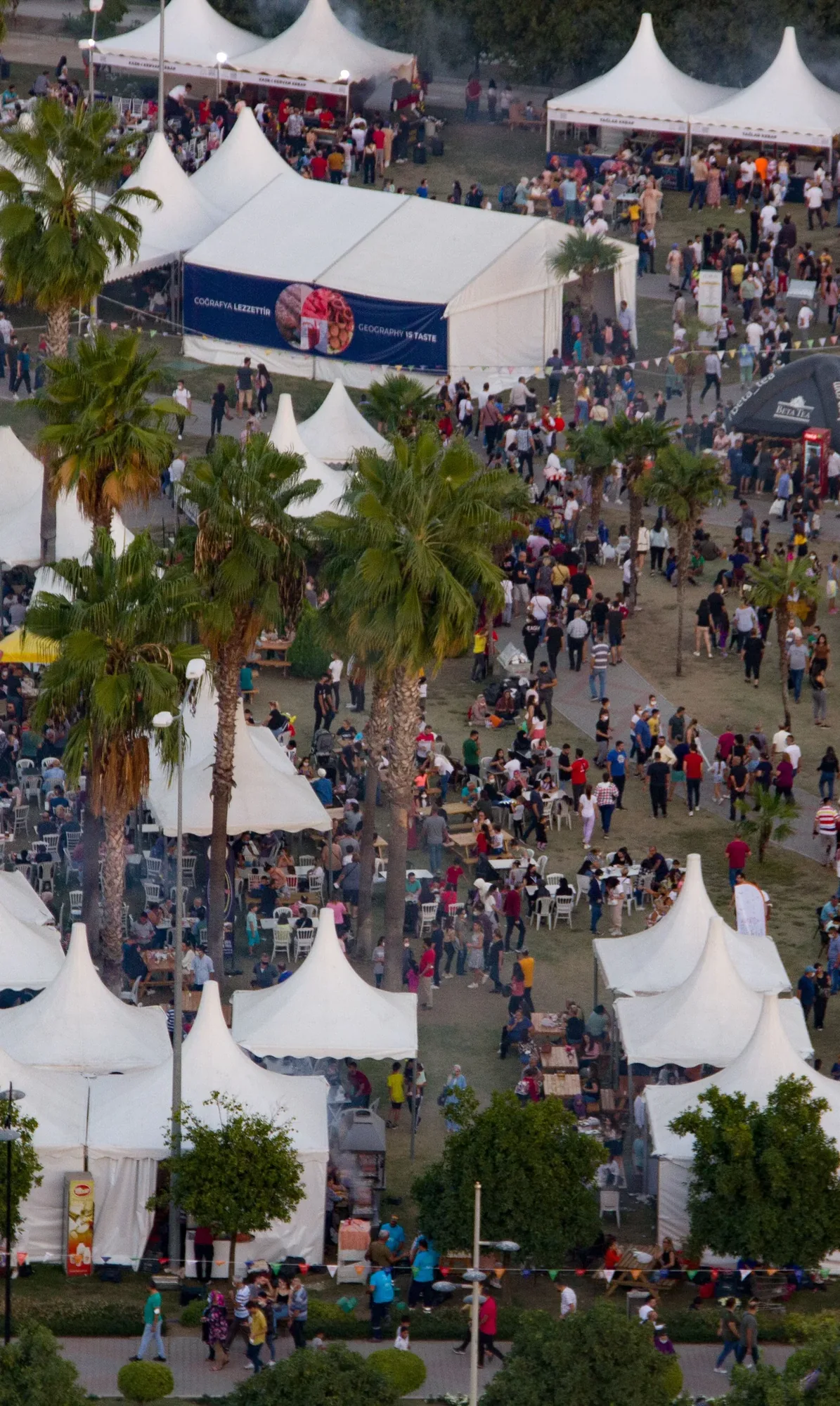 live event venue and audience photographed from an aerial drone perspective