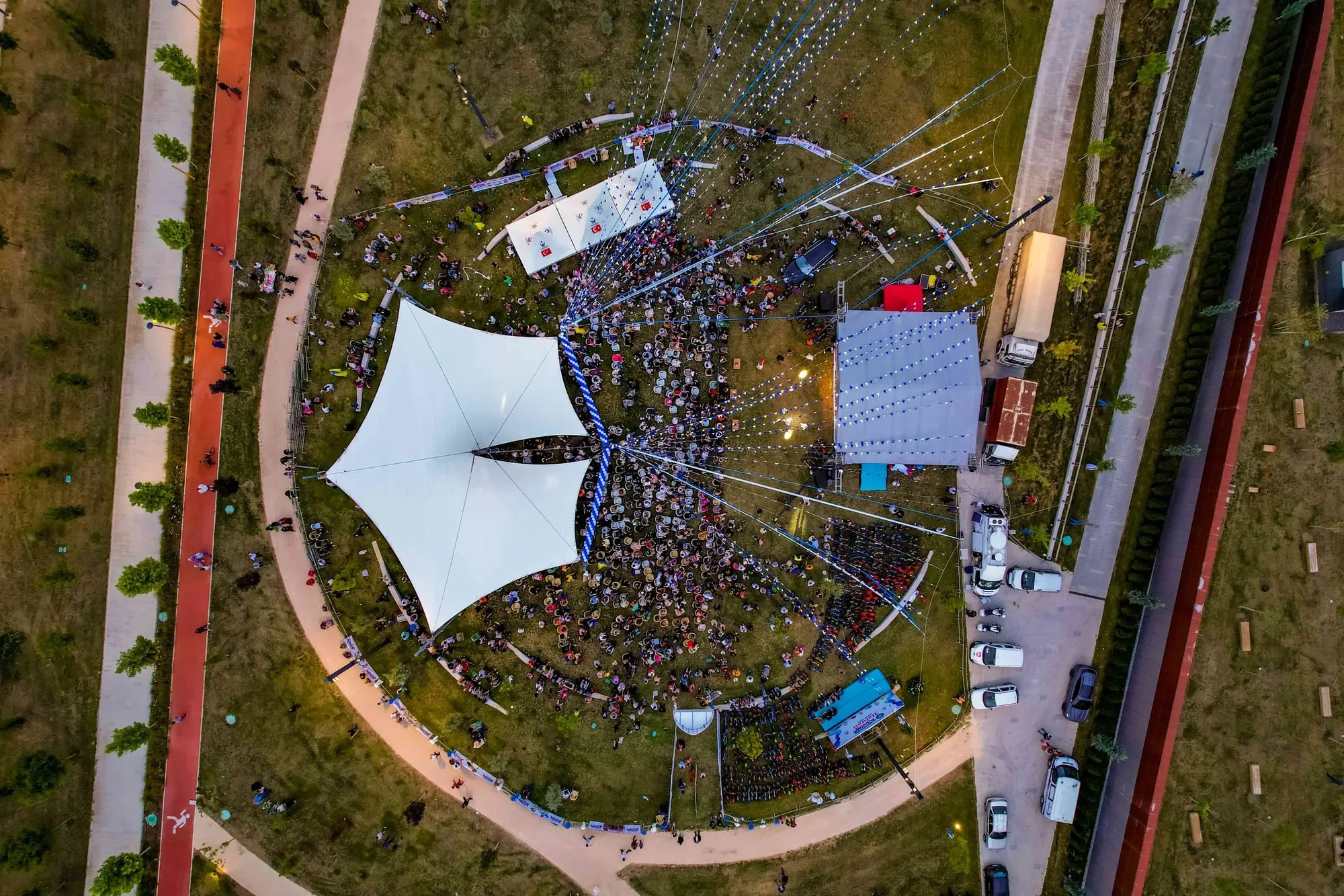live event venue and audience photographed from an aerial drone perspective
