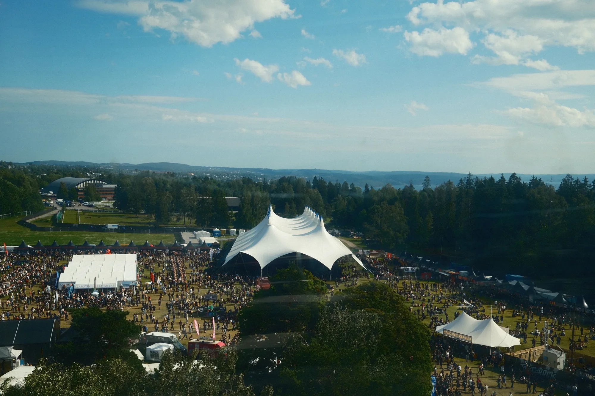 live event venue and audience photographed from an aerial drone perspective
