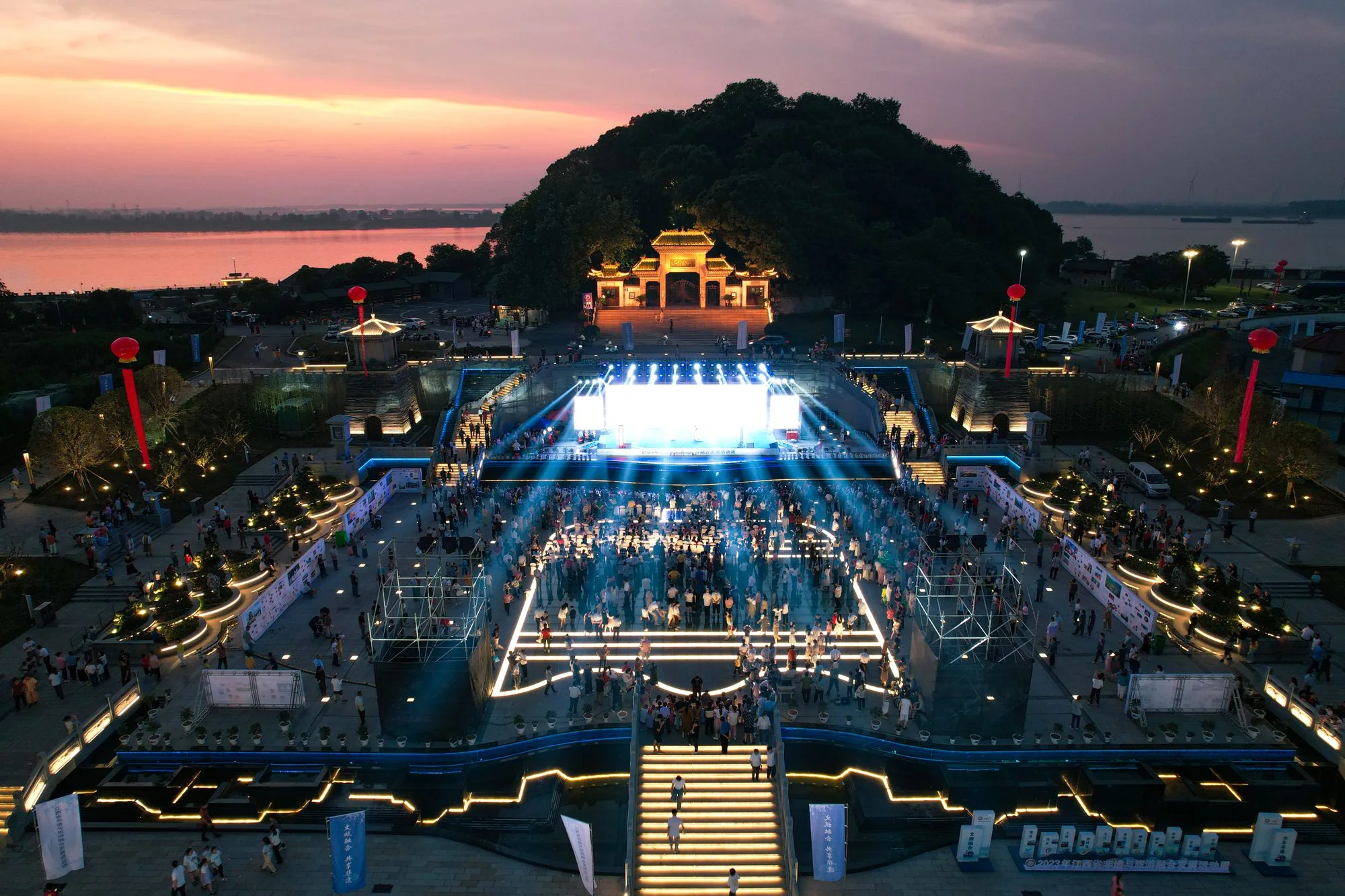 live event venue and audience photographed from an aerial drone perspective